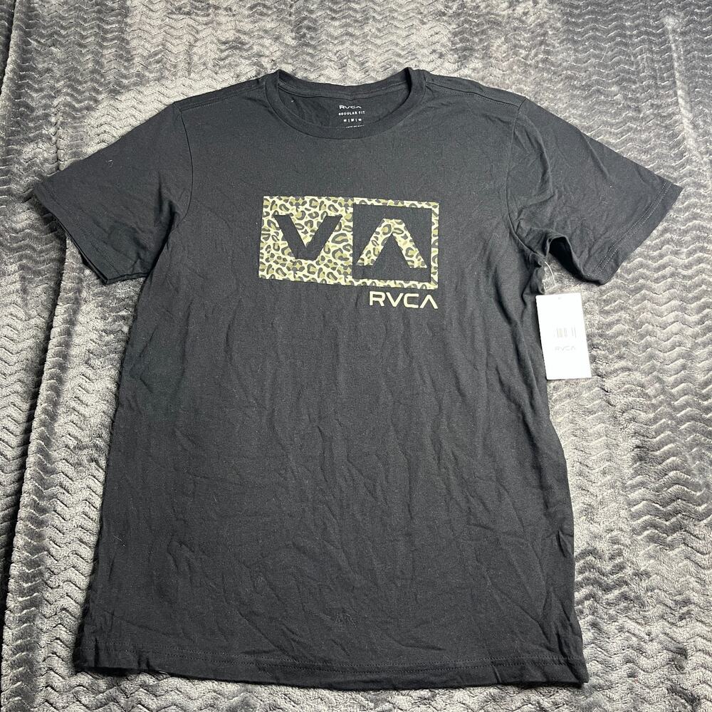 RVCA Mens T-Shirt M Black VA Leopard Animal Print Graphic Regular Fit Tee NWT